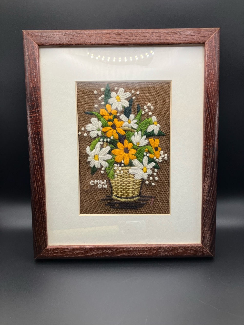 Vintage Hand-Embroidered Floral Basket Wall Art - Yellow & White